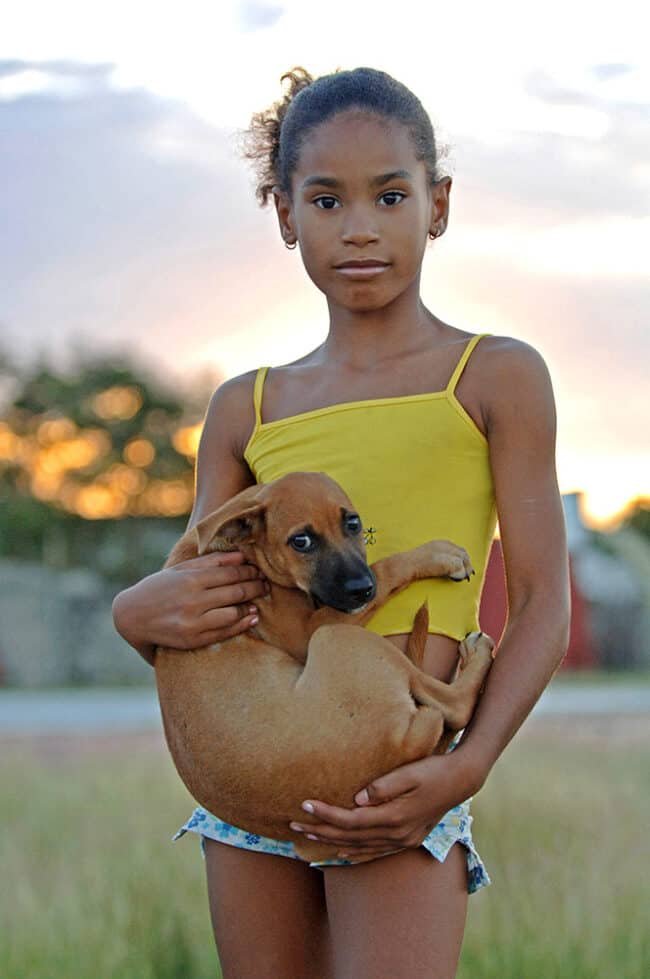 Young girl holding adorable brown puppy outdoors at sunset.